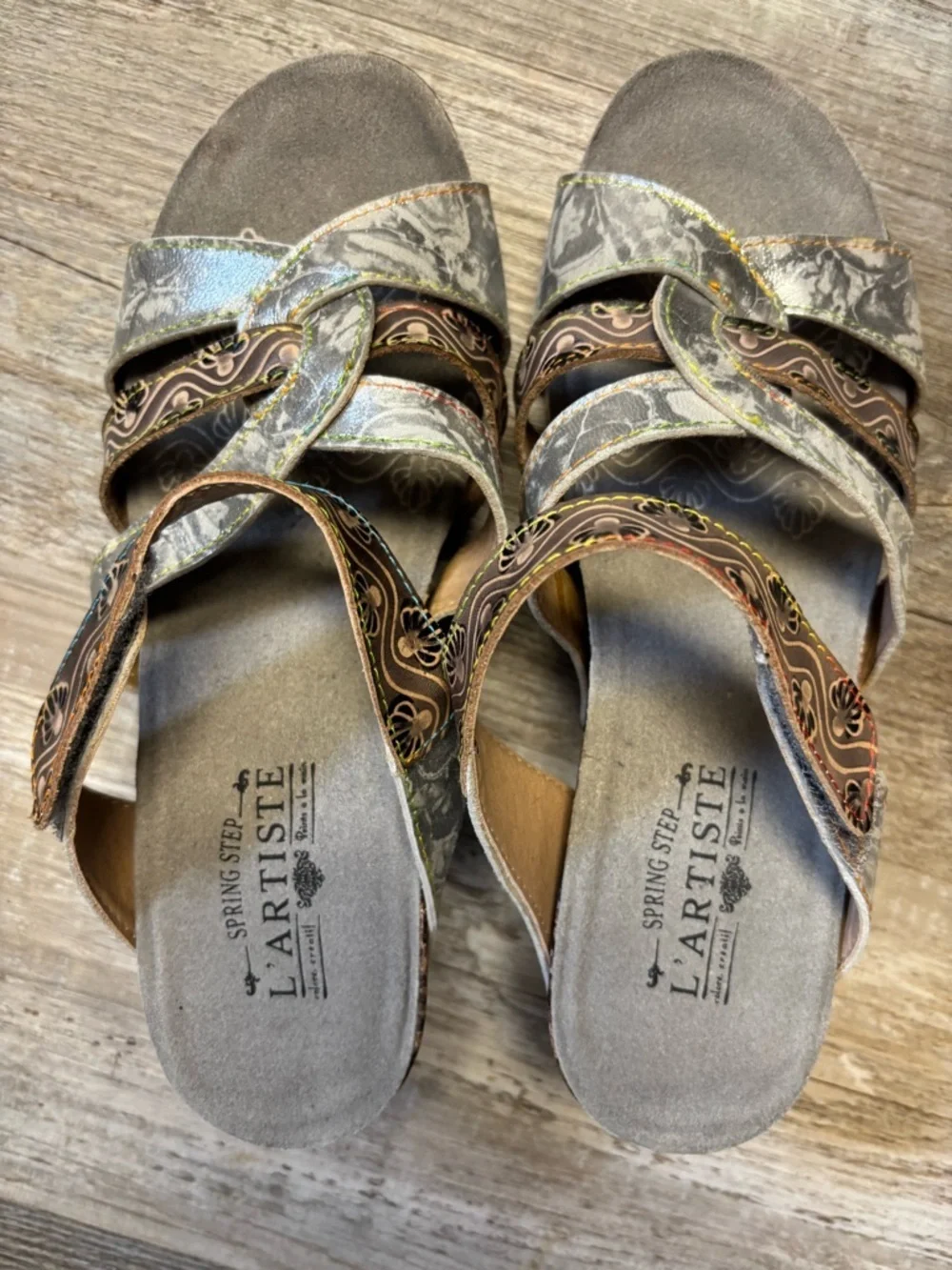 Spring Step L’Artiste Pinriyo Grey Multi Wedge Slide Sandal Silver Snake